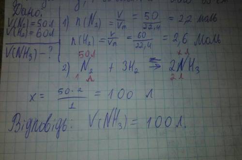 Змішали азот об'ємом 50 л з воднем об'ємом 60 л. за певних умов азот з воднем прореагували. обчисліт
