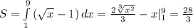 S= \int\limits^9_1 { (\sqrt{x} -1)} \, dx = \frac{2 \sqrt[3]{x^2} }{3} -x|^9_1= \frac{28}{3}