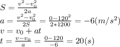S=\frac{v^2-v_0^2}{2a}\\a=\frac{v^2-v_0^2}{2S}=\frac{0-120^2}{2*1200}=-6(m/s^2)\\v=v_0+at\\t=\frac{v-v_0}{a}=\frac{0-120}{-6}=20(s)