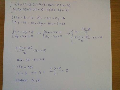 Решите систему уравнений 4(3x-2)+2(7-4x)=20+2(y-3) 5(2y+3)+2(6x-y)=3(5x-3)+31