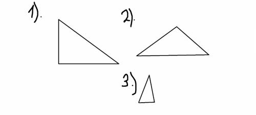 Начертите три треугольника с разными длинами сторон так, чтобы в одном треугольнике был прямой угол,