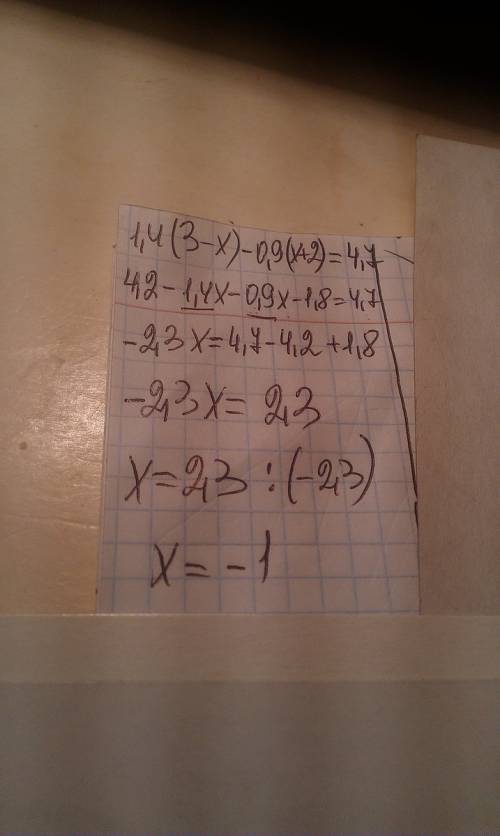 Решите уравнение: 1,4(3-х)-0,9(х+2)=4,7