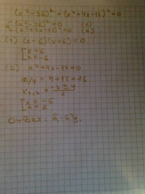 Решительно уравнение: (х^2-36)^2+(х^2+4х-12)^2=0