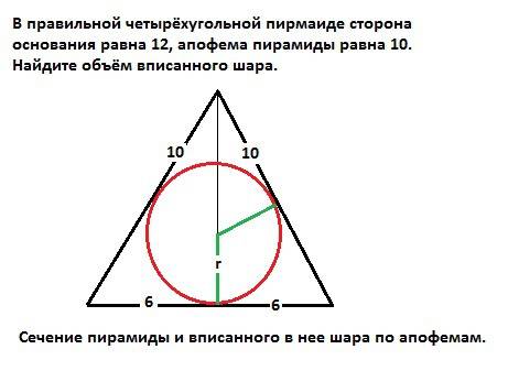 Вправильной четырёхугольной пирмаиде сторона основания равна 12, апофема пирамиды равна 10. найдите