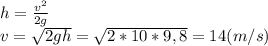 h=\frac{v^2}{2g}\\v=\sqrt{2gh}=\sqrt{2*10*9,8}=14(m/s)