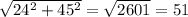 \sqrt{24^2+45^2} = \sqrt{2601} =51