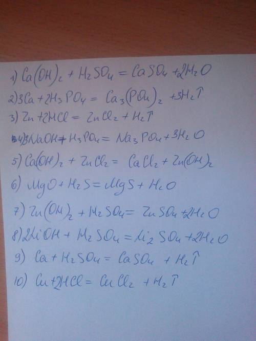Закончить уравнения реакций: са(оh)2+h2so4 ca+h3po4 zn+hcl naoh+h3po4 ca(on)2+zncl2 mgo+h2s zn(oh)3+