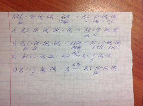 Решить по ,1- бромбутан. koh(спирт.) > x1, ci2. koh(спирт.) h2o, hg2+ h2, pt, t(температура) >