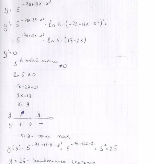 Y=5^(-79+18*x-x^2) найти наибольшее значение функции.