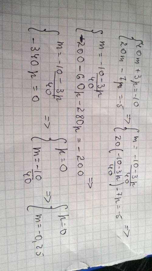 Решите систему уравнений подстановки {40m+3p=-10 {20m-7p=-5