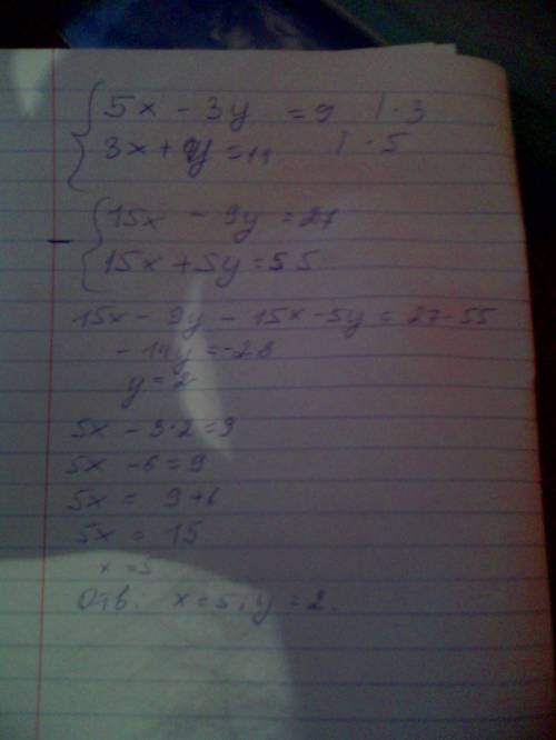 Решите графически систему уравнений { 5x - 3y = 9 { 3x + y = 11