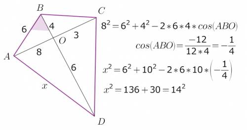 Вчетырёхугольнике abcd диагонали ас и вd пересекаются в точке о, во =4, dо = 6, ао = 8, ос = 3, ав =