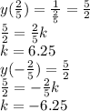 y( \frac{2}{5} )= \frac{1}{\frac{2}{5}} = \frac{5}{2} \\ \frac{5}{2} =\frac{2}{5}k \\ k=6.25 \\ y(-\frac{2}{5})= \frac{5}{2} \\ \frac{5}{2} =-\frac{2}{5}k\\ k=-6.25