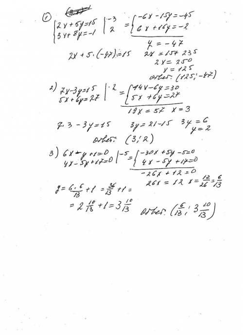 Решите систему уравнений : 1) 2х+5y=15 3х+8у=-1 2) 7х-3у=15 5х+6у=27 3) 6х-у+1=0 4х-5у+17=0 4) 4(m+2