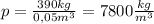 p= \frac{390kg}{0,05m^{3}} =7800 \frac{kg}{m^{3}}