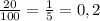 \frac{20}{100} = \frac{1}{5} = 0,2