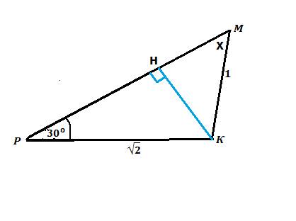 Втреугольнике мкр стороны км=1 см, кр=√2, угол р =30°. помргитп найти угол м
