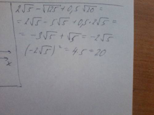 )2 корень из 5 -корень из 125 + 0.5 корень из 20 и в ответе записать квадрат результата
