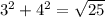 3^{2} + 4^{2} = \sqrt{25}