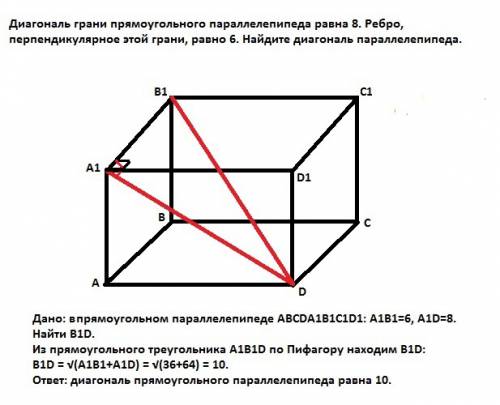 Диагональ грани прямоугольного параллелепипеда равна 8. ребро, перпендикулярное этой грани, равно 6.