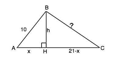 Две стороны треугольника равны 10 и 21 .найдите длину третьей стороны этого треугольника.если его пл