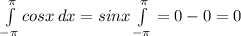 \int\limits^ \pi _{- \pi } {cosx} \, dx =sinx \int\limits^ \pi _{- \pi }=0-0=0
