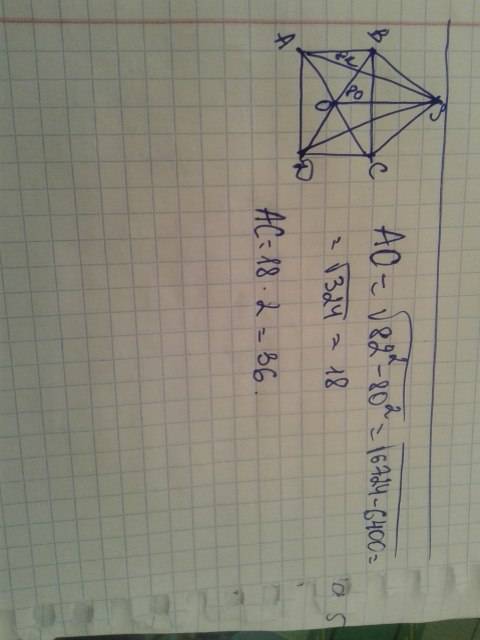 Вправильной четырехугольной пирамиде sabcd точка o — центр основания, s — вершина, so=80, sa=82. най