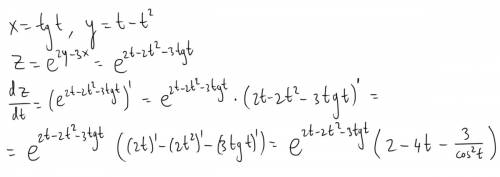 Найти производную dz/dt, если z=e^(2y-3x), x=tgt, y=t-t^2