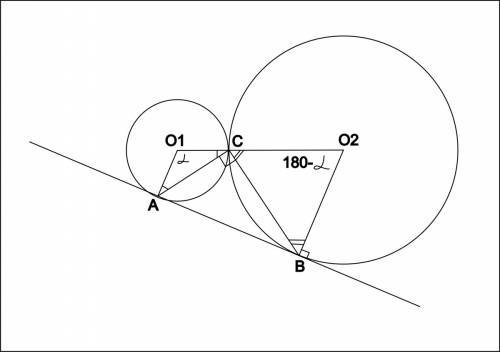 Две окружности касаются внешним образом в точке c. прямая ab касается первой окружности в точки a, а
