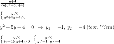\frac{y+4}{2y(y^2+5y+4)}\\\\ \left \{ {{y\ne 0} \atop {y^2+5y+4\ne 0}} \right. \\\\y^2+5y+4=0\; \; \to \; y_1=-1,\; y_2=-4\; (teor.\; Vieta)\\\\ \left \{ {{y\ne 0} \atop {(y+1)(y+4)\ne 0}} \right. \; \left \{ {{y\ne 0} \atop {y\ne -1,\; y\ne -4}} \right.