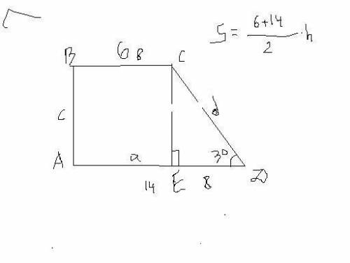Основы прямокутной трапеции = 6 см и 14 см, а острый угол =30 градусов. найдите площадь трапеции