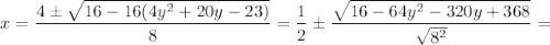 \displaystyle x=\frac{4\pm\sqrt{16-16(4y^2+20y-23)}}{8}=\frac{1}{2}\pm\frac{\sqrt{16-64y^2-320y+368}}{\sqrt{8^2}}=