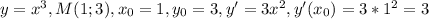 y=x^3, M(1;3), x_0=1, y_0=3, y'=3x^2, y'(x_0)=3*1^2=3