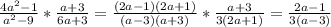 \frac{4a^2-1}{a^2-9} * \frac{a+3}{6a+3} = \frac{(2a-1)(2a+1)}{(a-3)(a+3)}* \frac{a+3}{3(2a+1)} = \frac{2a-1}{3(a-3)}