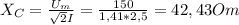 X_{C}= \frac{U_m}{ \sqrt{2}I } = \frac{150}{1,41*2,5} =42,43Om