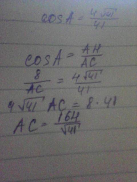 Втреугольнике abc,ac=bc,cosa=4корней из 41/41,ab=16.найдите высоту ch.