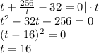 t+ \frac{256}{t}-32=0|\cdot t\\ t^2-32t+256=0 \\ (t-16)^2=0\\ t=16