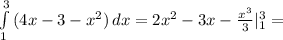 \int\limits^3_1 {(4x-3-x^2)} \, dx =2x^2-3x- \frac{x^3}{3}|_{1} ^{3} =