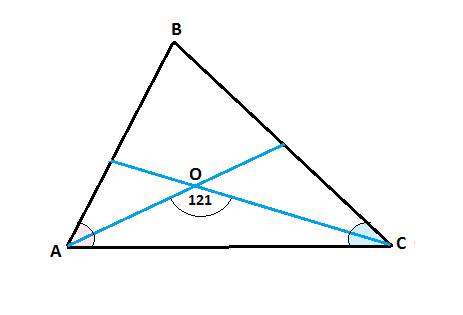 Бісектриси кутів abc трикутник abc перетинаються в точці o під кутом 121 град.знайдіть кут b. ))