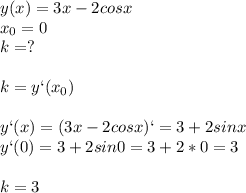 y(x)=3x-2cosx\\x_0=0\\k=?\\\\k=y`(x_0)\\\\y`(x)=(3x-2cosx)`=3+2sinx\\y`(0)=3+2sin0=3+2*0=3\\\\k=3