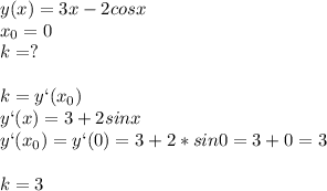 y(x)=3x-2cosx\\x_0=0\\k=?\\\\k=y`(x_0)\\y`(x)=3+2sinx\\y`(x_0)=y`(0)=3+2*sin0=3+0=3\\\\k=3