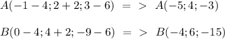 A(-1-4; 2+2;3-6) \ =\ \textgreater \ \ A(-5; 4; -3) \\ \\ B(0-4;4+2;-9-6) \ =\ \textgreater \ \ B(-4; 6; -15)