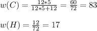 w(C)= \frac{12*5}{12*5+12} = \frac{60}{72} =83\\\\w(H)= \frac{12}{72} =17