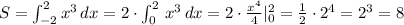 S=\int _{-2}^2x^3\, dx=2\cdot \int _0^2\, x^3\, dx=2\cdot \frac{x^4}{4}|_0^2=\frac{1}{2}\cdot 2^4=2^3=8