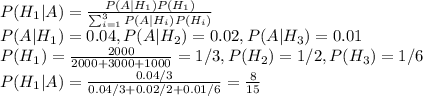 P(H_1|A)=\frac{P(A|H_1)P(H_1)}{\sum^3_{i=1}P(A|H_i)P(H_i)} \\&#10;P(A|H_1)=0.04, P(A|H_2)=0.02, P(A|H_3)=0.01 \\&#10;P(H_1)=\frac{2000}{2000+3000+1000}=1/3, P(H_2)=1/2, P(H_3)=1/6\\&#10;P(H_1|A)=\frac{0.04/3}{0.04/3+0.02/2+0.01/6}= \frac{8}{15}
