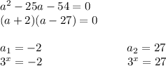 a^2-25a-54=0 \\ (a+2)(a-27)=0 \\ \\ a_1=-2~~~~~~~~~~~~~~~~~~~~~~a_2=27 \\ 3^x=-2~~~~~~~~~~~~~~~~~~~~~~3^x=27