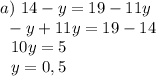 a) ~14-y=19-11y \\ ~~-y+11y=19-14 \\ ~~~10y=5 \\ ~~~y=0,5