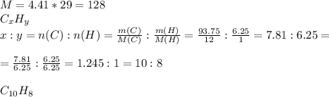 M=4.41*29=128 \\ C _{x} H _{y} \\ x:y=n(C):n(H)= \frac{m(C)}{M(C)} : \frac{m(H)}{M(H)} = \frac{93.75}{12} : \frac{6.25}{1} =7.81:6.25=\\ \\ = \frac{7.81}{6.25} : \frac{6.25}{6.25} =1.245:1=10:8\\\\C _{10} H _{8}