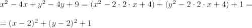 x^2 -4x +y^2 -4y+9=(x^2 - 2\cdot 2 \cdot x + 4)+ (y^2 - 2 \cdot 2 \cdot x + 4) + 1=\\ \\ = (x-2)^2 + (y -2)^2+1