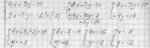 Решить систему уравнений 4x+3y=10 2x+5y=-2